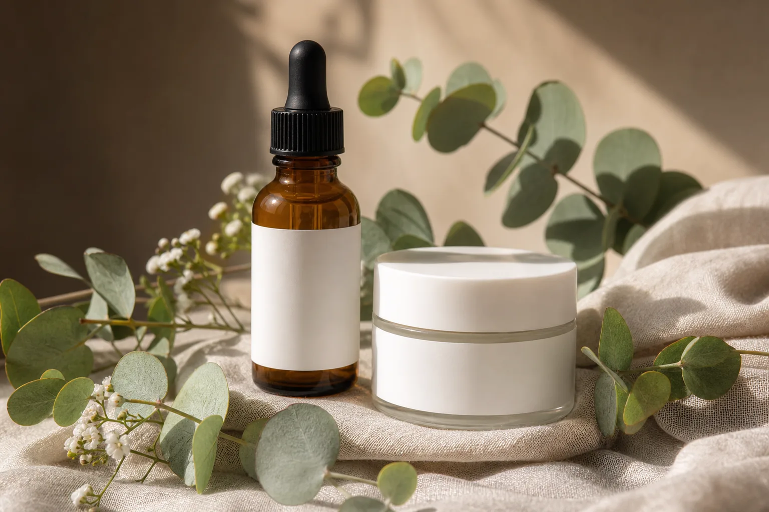 Premium CBD topical skincare products, amber glass dropper bottle and white cream jar