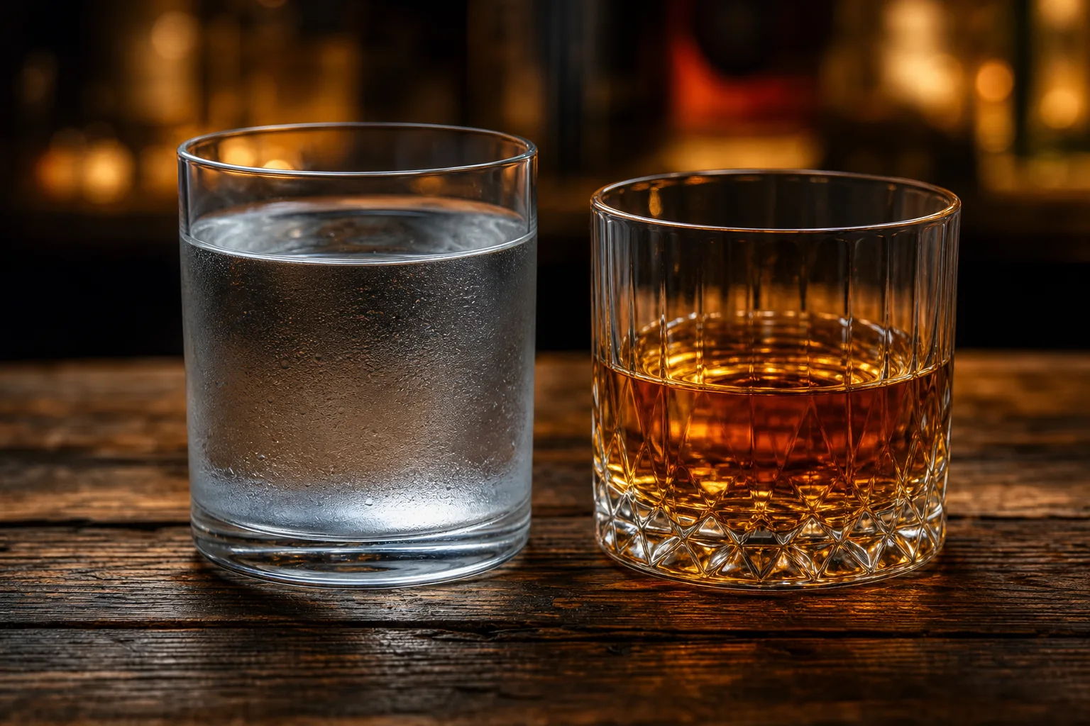 Two glasses side by side on rustic wooden bar — water and amber spirit