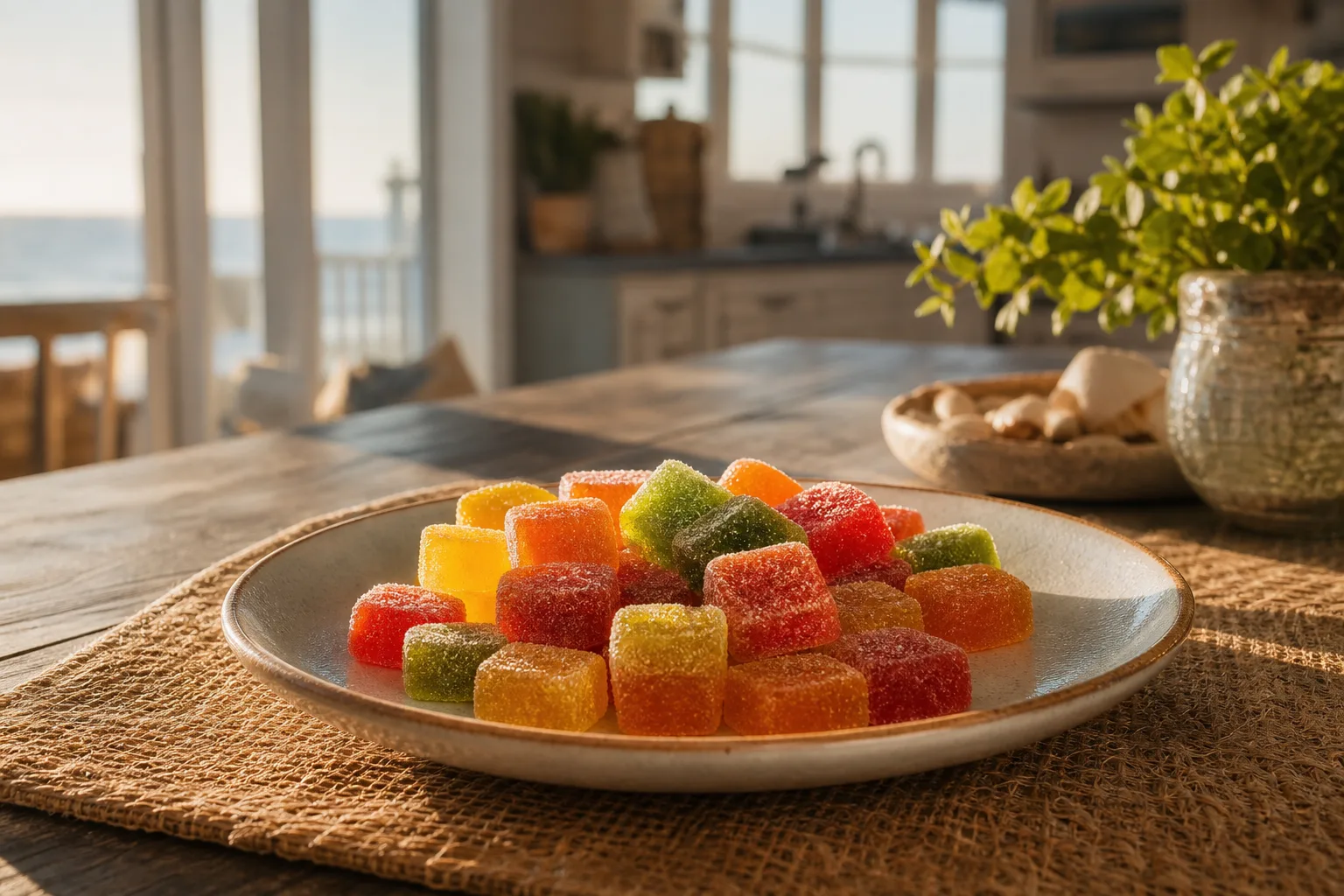 Colorful cannabis-infused gummies arranged on ceramic plate