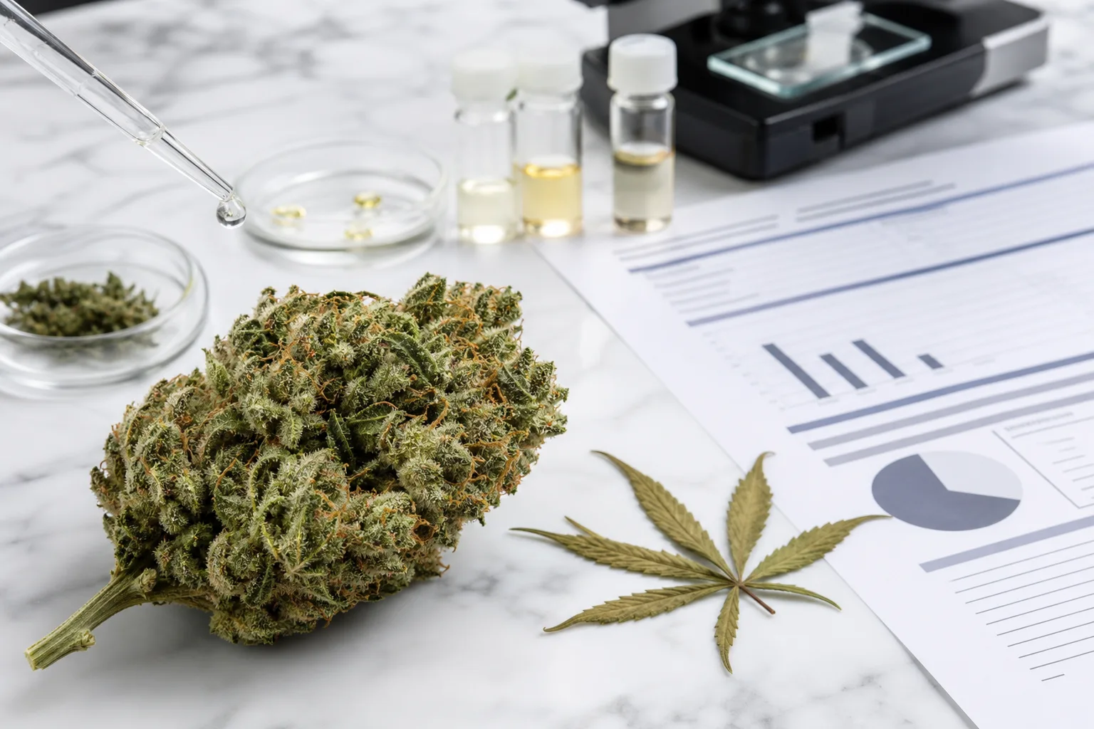 Close-up of cannabis flower with laboratory equipment and Certificate of Analysis