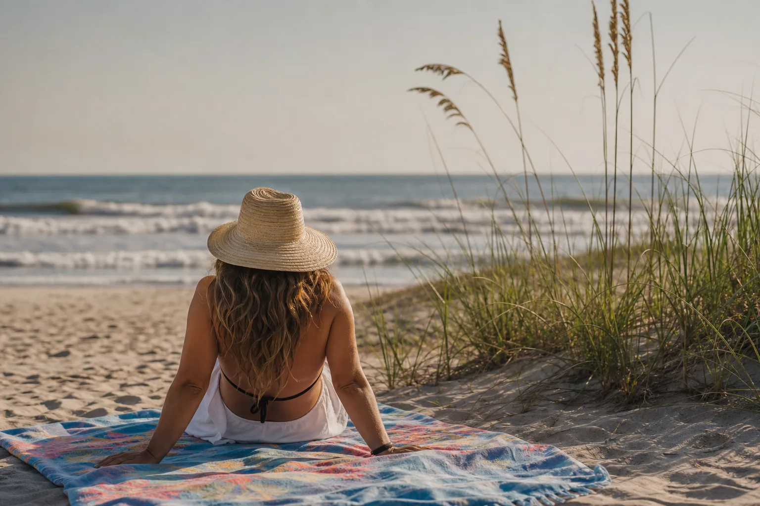 Person relaxing on Outer Banks beach with soft warm summer light