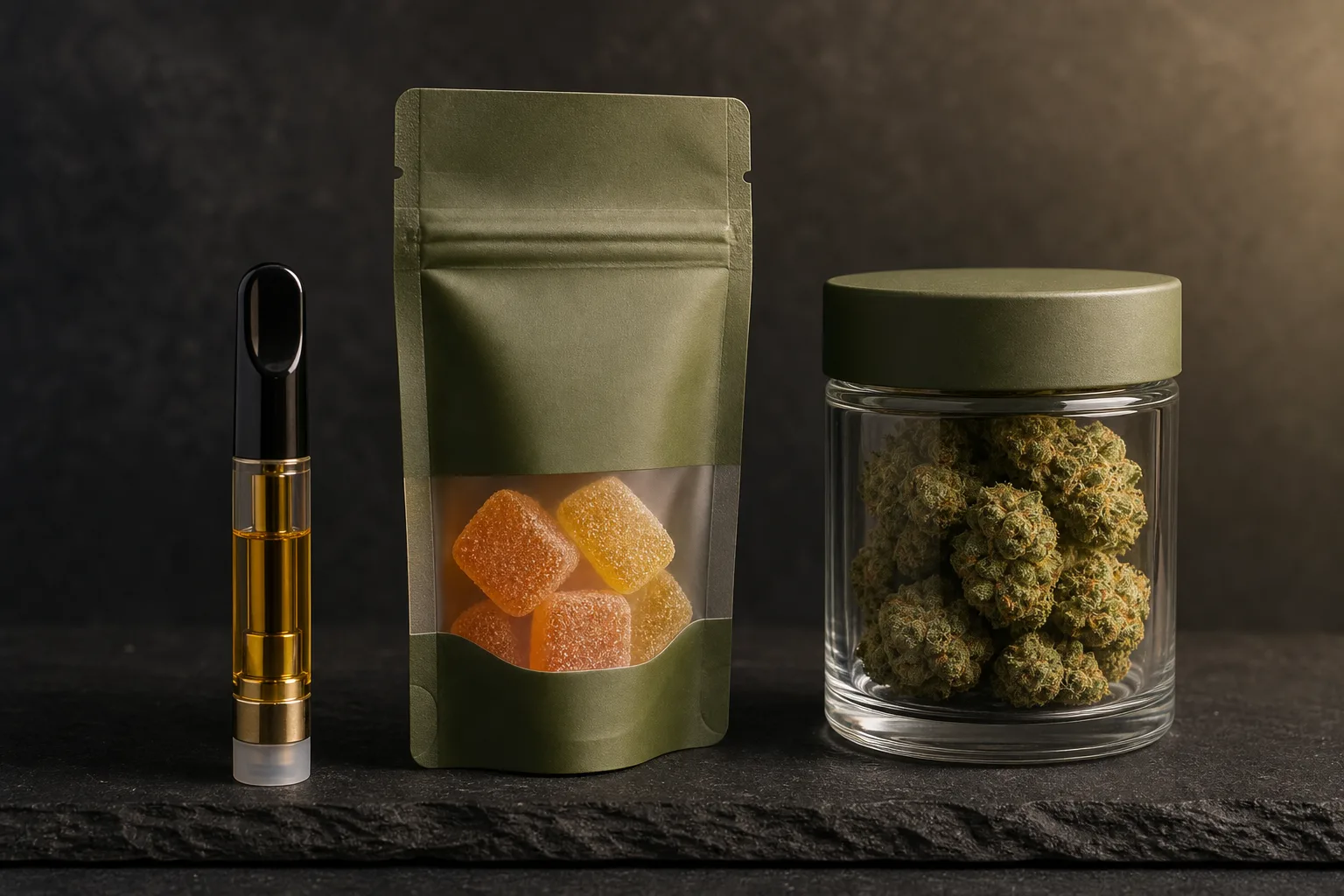 Three cannabis products side by side — vape cartridge, gummy pack, and flower jar