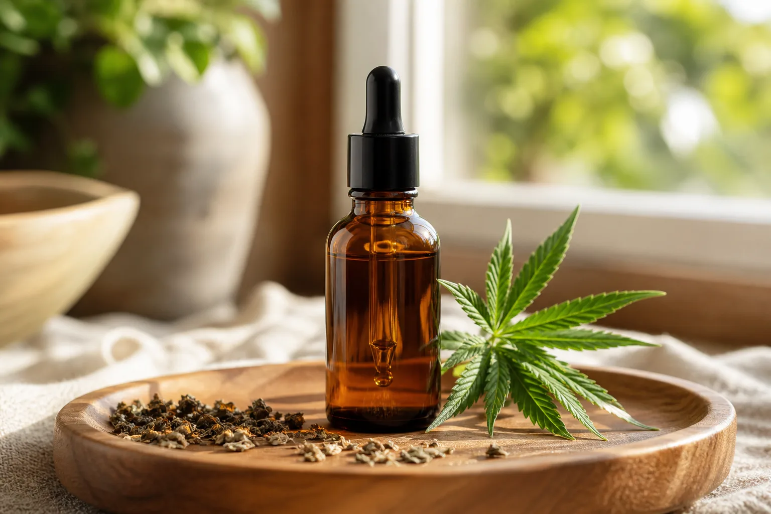 Premium hemp-derived CBD oil tincture bottle with dropper on wood tray