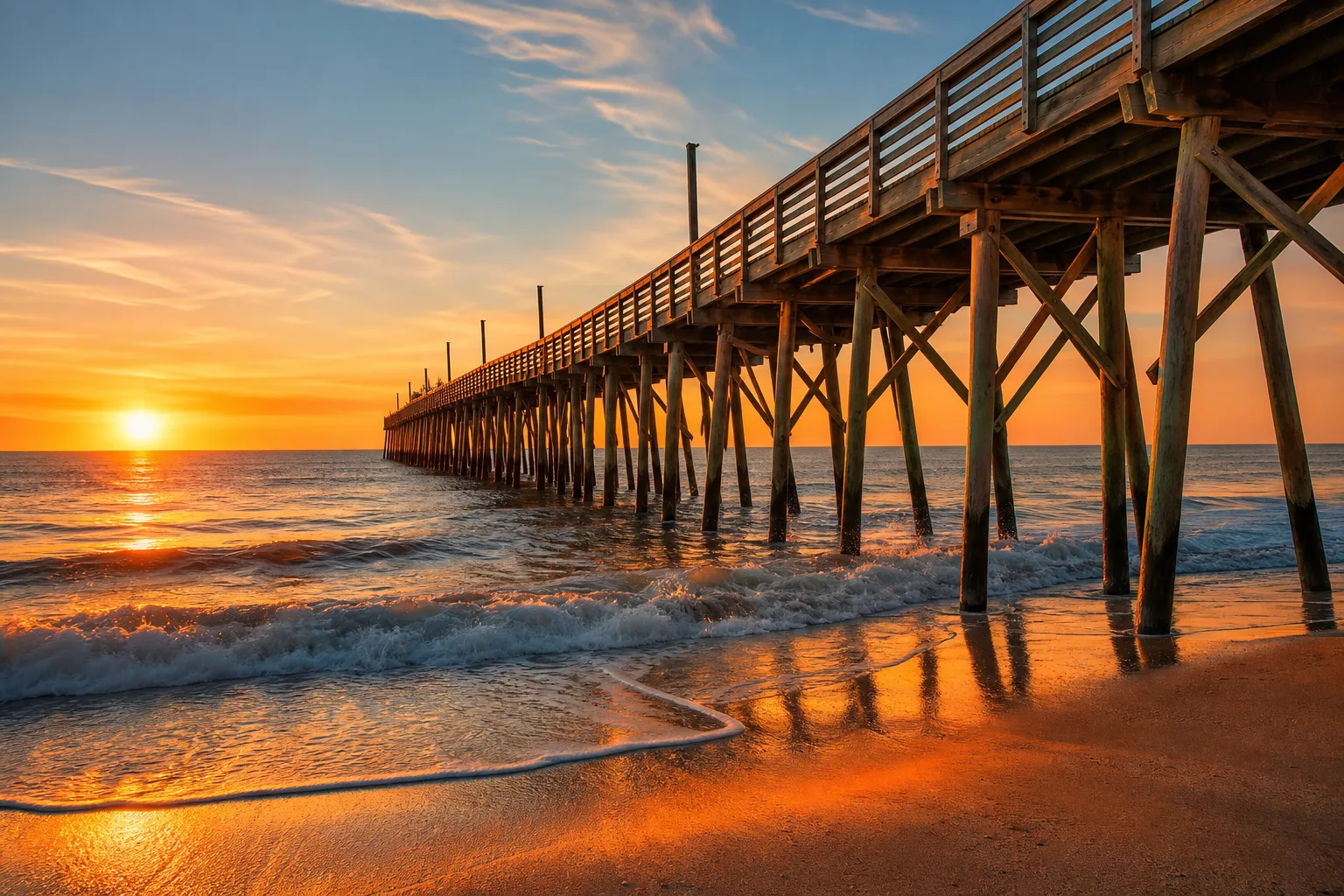 Jennette’s Pier at sunset in Nags Head with orange light on the Atlantic Ocean