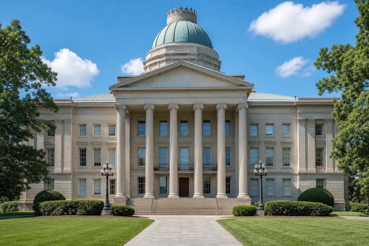 North Carolina State Capitol building in Raleigh, neoclassical dome and columns under blue summer sky