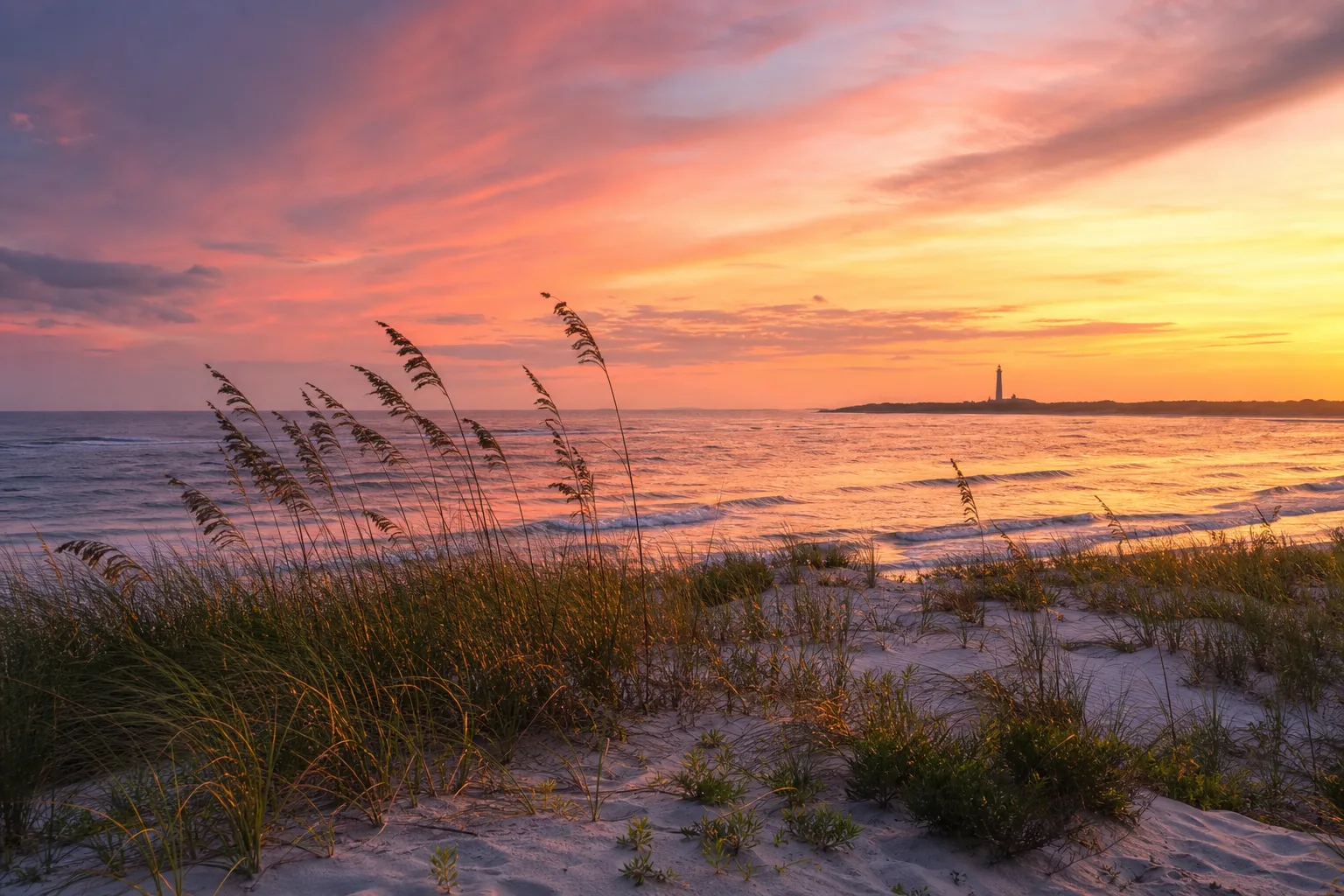 Outer Banks North Carolina beach at sunset with sand dunes and calm ocean