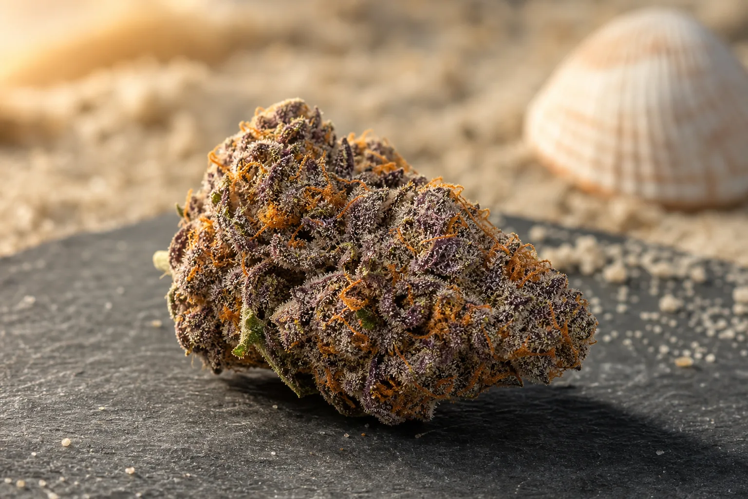Close-up of premium THCA cannabis flower bud with frosty trichomes on dark slate surface