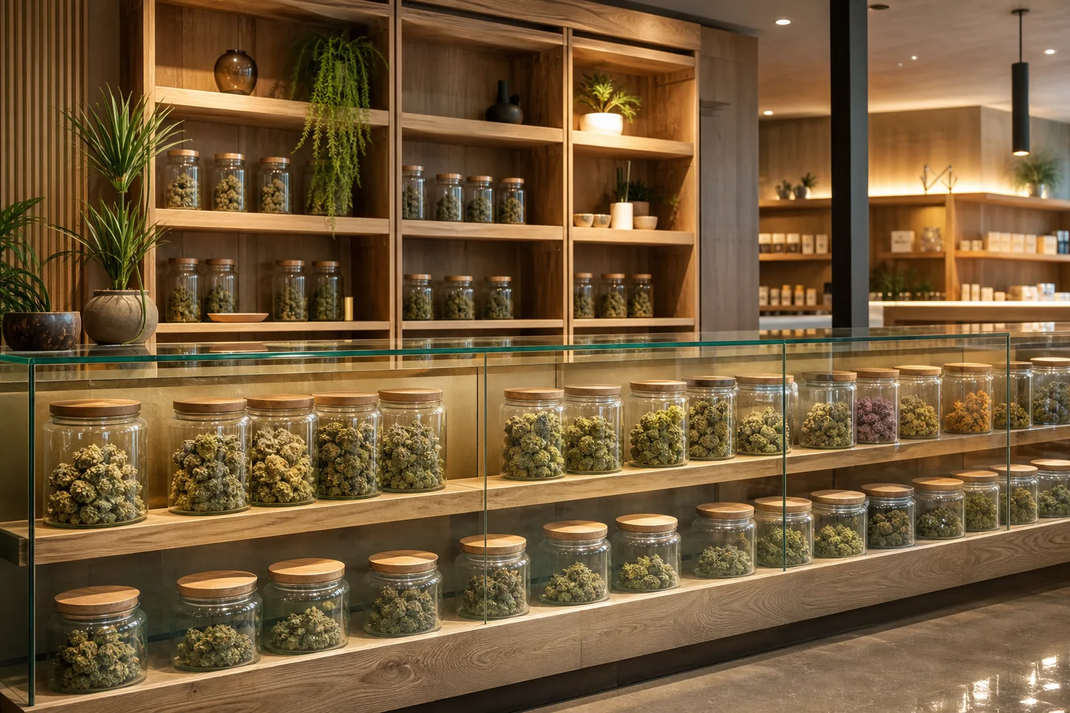 Interior of premium cannabis hemp shop with modern wooden shelving